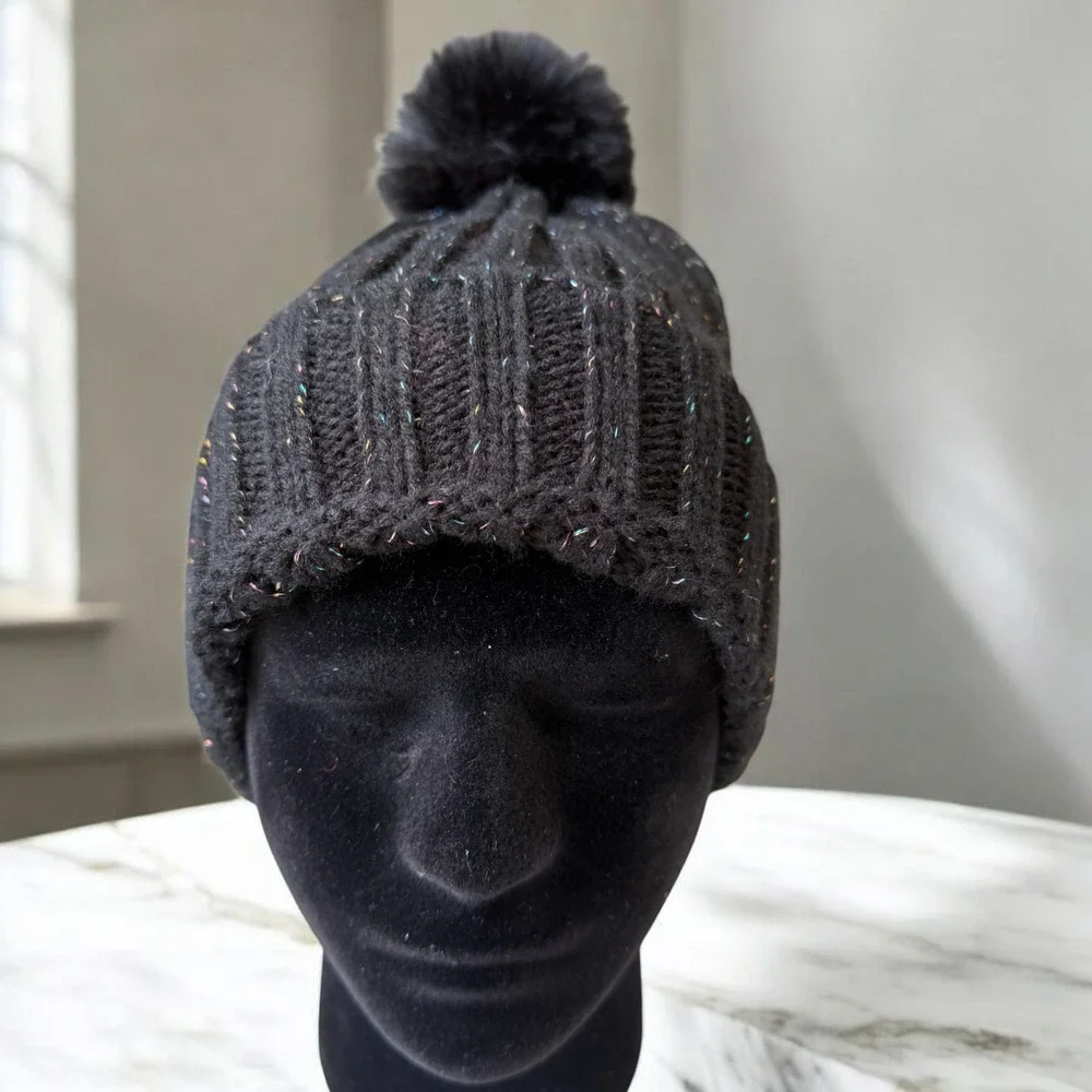 BP Black Metallic Pom Beanie Cozy Winter Streetwear‎ Y2K Sparkle Festival Hat